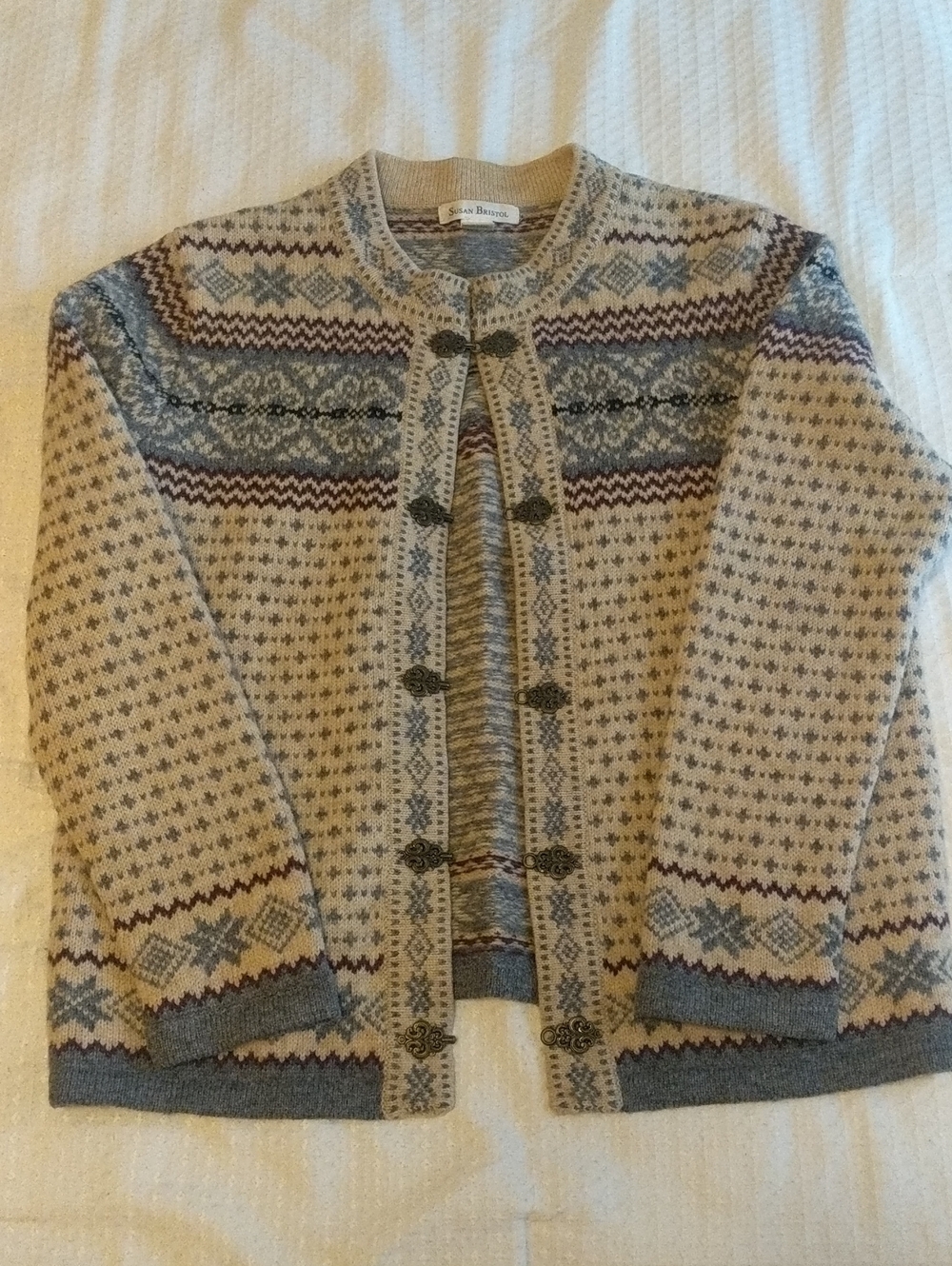 Susan Bristol Wool Nordic Fair Isle Clasp Cardigan Medium Cottagecore Grannycore